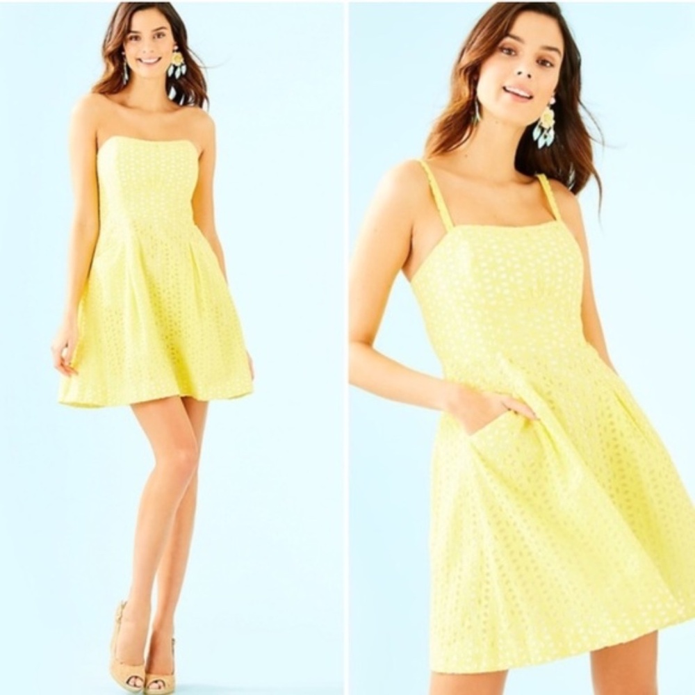 Lilly Pulitzer Yellow Eyelet Strapless Fit & Flare Blossom Dress NWT Size 10